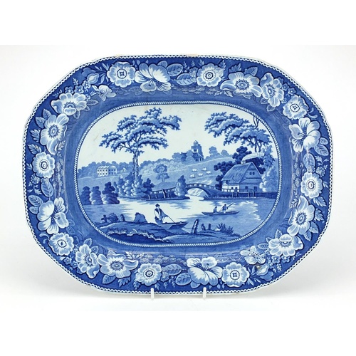 3368 - Victorian blue and white meat platter, printed with figures in a river, 42.5cm wide