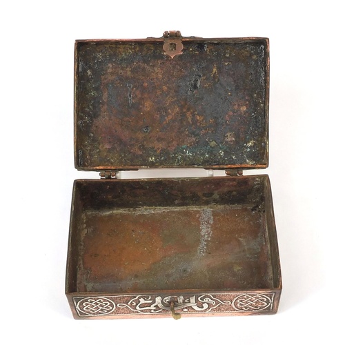 3837 - Islamic cairoware copper box with silver foliate inlay, 13cm Hx 8cm W x 5cm D