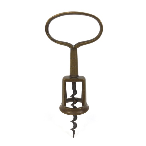 3738 - Antique brass self pull corkscrew, 15cm high