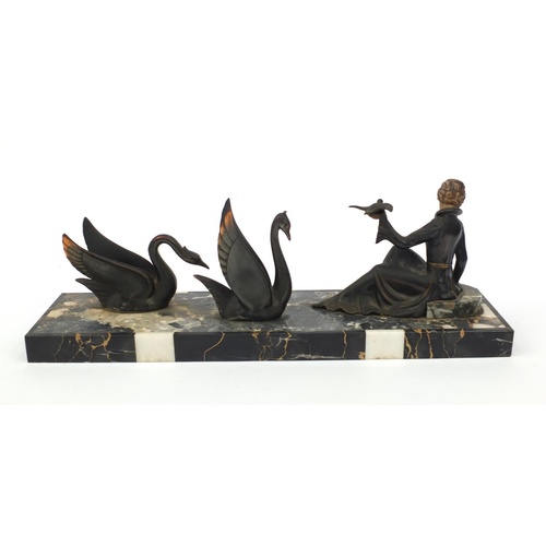 3330 - French Art Deco lady and stylised swan design sculpture, raised on a marble base, 51.5cm wide