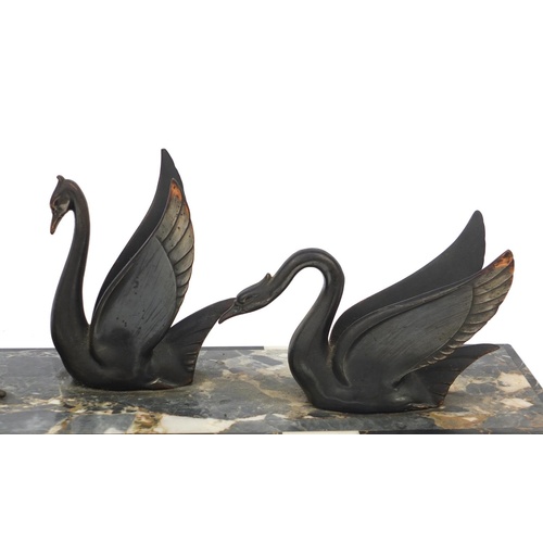 3330 - French Art Deco lady and stylised swan design sculpture, raised on a marble base, 51.5cm wide