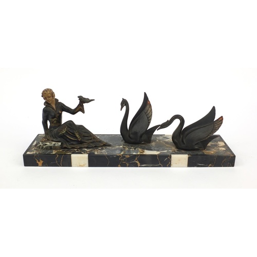 3330 - French Art Deco lady and stylised swan design sculpture, raised on a marble base, 51.5cm wide