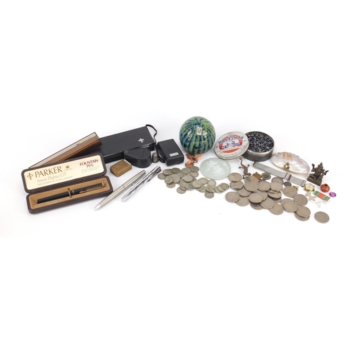 5251 - Objects including Mdina glass paperweight, shell purse, magnifying glasses, British coinage, silver ... 