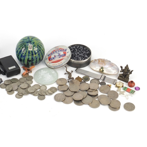 5251 - Objects including Mdina glass paperweight, shell purse, magnifying glasses, British coinage, silver ... 