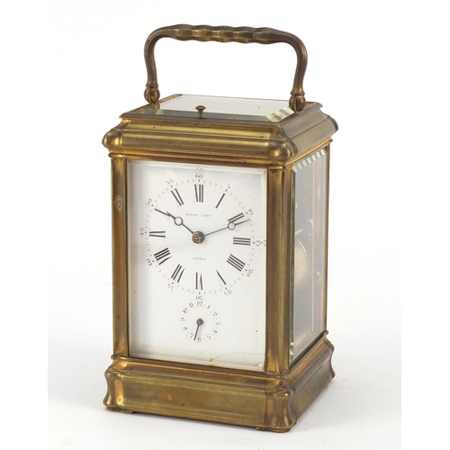 3054 - French brass cased repeating carriage clock with leather travelling case by François-Arsene Margaine... 