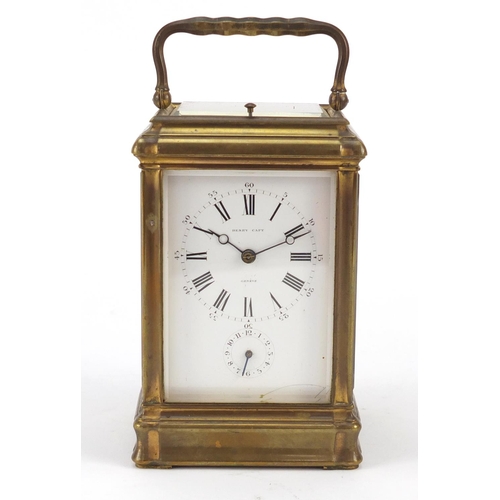 3054 - French brass cased repeating carriage clock with leather travelling case by François-Arsene Margaine... 