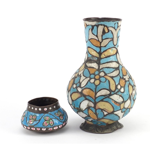 3138 - Syrian copper and enamel vase decorated with flowers and a similar small pot, the largest 24cm high