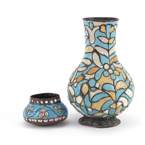 3138 - Syrian copper and enamel vase decorated with flowers and a similar small pot, the largest 24cm high