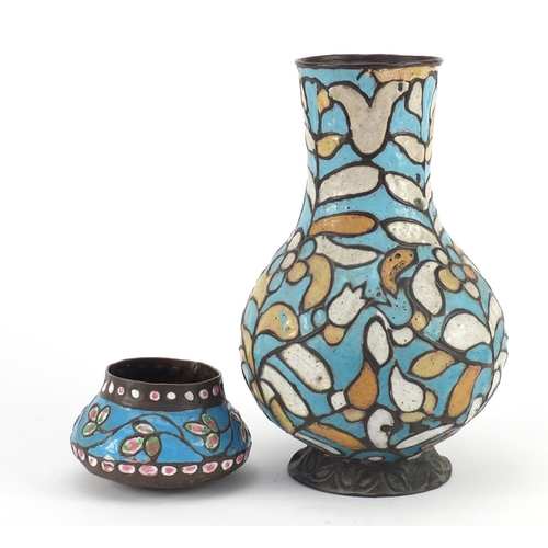 3138 - Syrian copper and enamel vase decorated with flowers and a similar small pot, the largest 24cm high