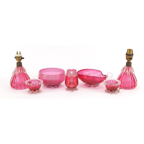 3921 - Victorian and later cranberry glassware to including striped milk and sugar bowl, love heart dish an... 