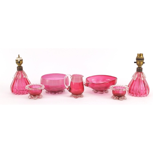 3921 - Victorian and later cranberry glassware to including striped milk and sugar bowl, love heart dish an... 