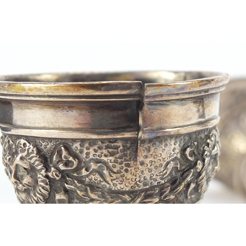 3821 - Two silver bud vases and a pair of Turkish silver egg cups, housed in a Hamilton & Inches box, the l... 