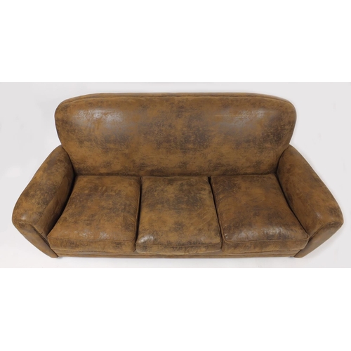 4297 - Contemporary three seater settee with brown faux leather upholstery, 81cm H x 196cm W x 94cm D