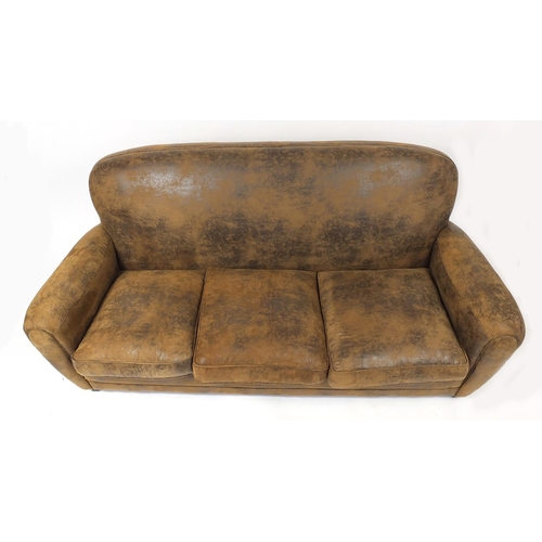 4245 - Contemporary three seater settee with brown faux leather upholstery, 81cm H x 196cm W x 94cm D