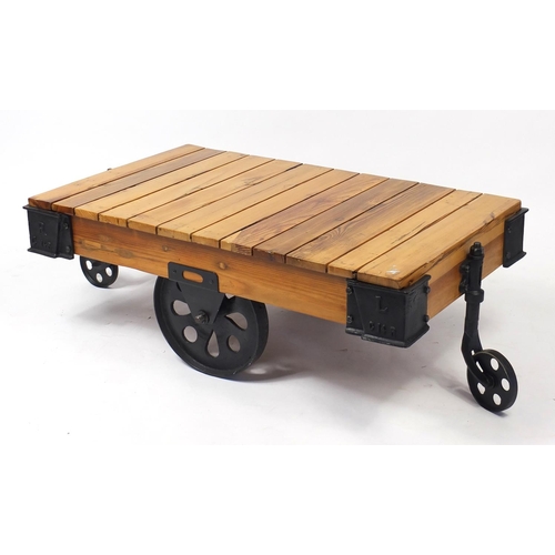 4300 - Railway interest lightwood and painted steel cart design coffee table, 44cm H x 125cm W x 71cm D