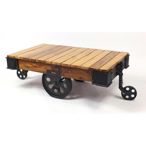 4300 - Railway interest lightwood and painted steel cart design coffee table, 44cm H x 125cm W x 71cm D