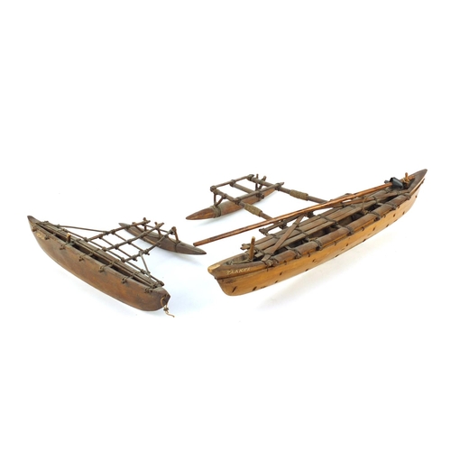 3346 - Well detailed wooden model of a catamaran boat and a smaller model, Itala, the largest 56cm in lengt... 