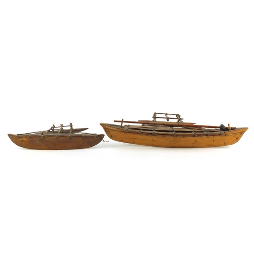 3346 - Well detailed wooden model of a catamaran boat and a smaller model, Itala, the largest 56cm in lengt... 