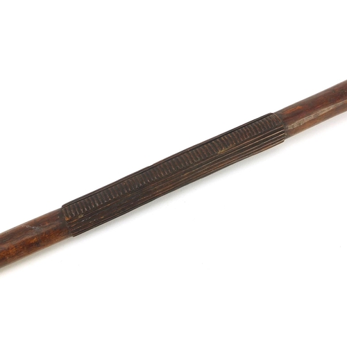 3842 - African hardwood Zulu warrior Knobkerrie, carved with geometric motifs, 94cm in length