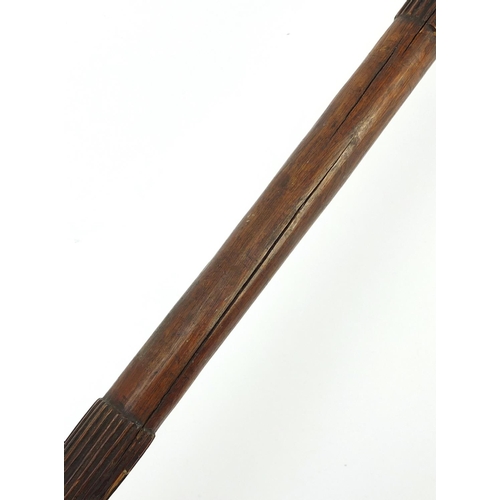 3842 - African hardwood Zulu warrior Knobkerrie, carved with geometric motifs, 94cm in length