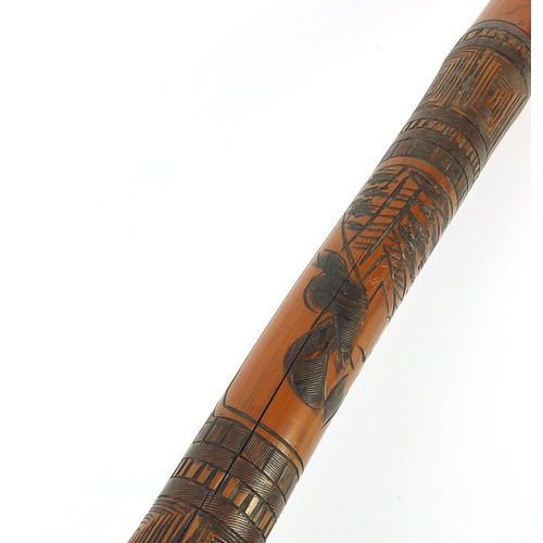 3563 - Chinese bamboo walking stick carved with warriors, 92cm in length