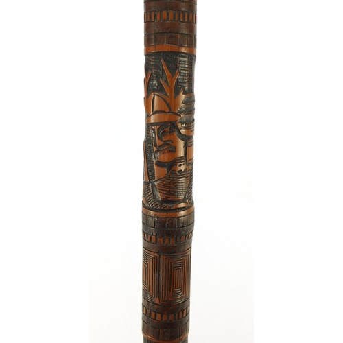 3563 - Chinese bamboo walking stick carved with warriors, 92cm in length