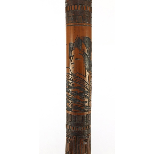 3563 - Chinese bamboo walking stick carved with warriors, 92cm in length