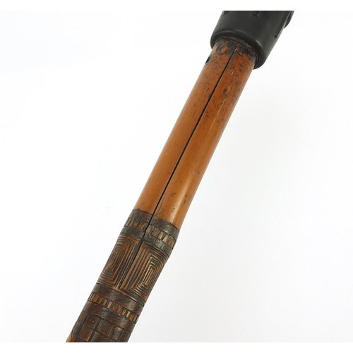 3563 - Chinese bamboo walking stick carved with warriors, 92cm in length