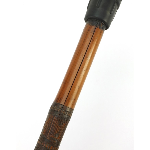 3563 - Chinese bamboo walking stick carved with warriors, 92cm in length