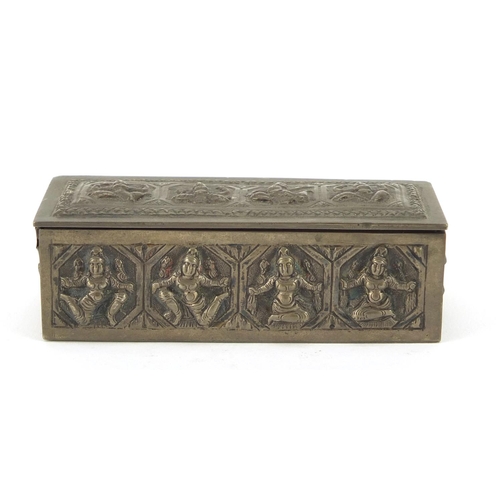 3137 - Burmese unmarked silver box with hinged lid, embossed with deities, 10cm wide, 100.9g