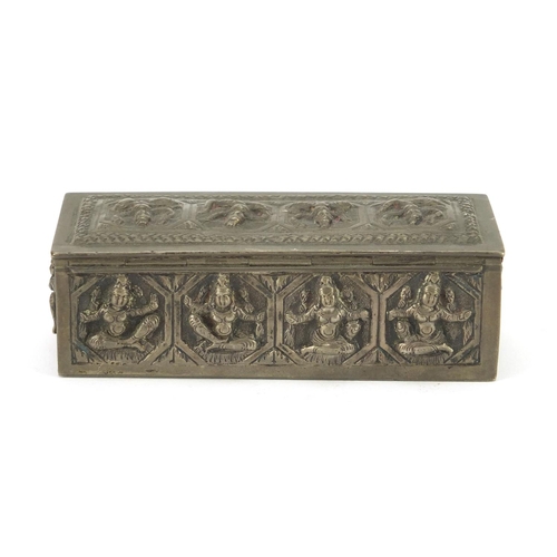 3137 - Burmese unmarked silver box with hinged lid, embossed with deities, 10cm wide, 100.9g