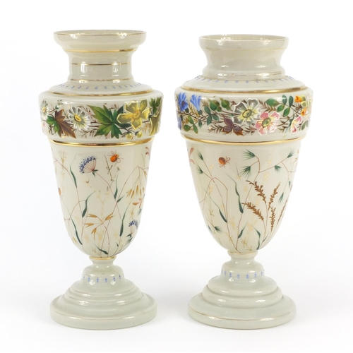 3919 - Matched pair of 19th century Continental opaline glass vases, hand painted with flowers and insects ... 