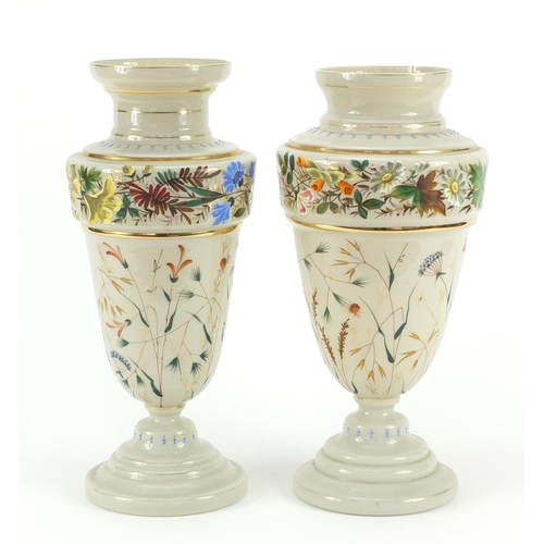 3919 - Matched pair of 19th century Continental opaline glass vases, hand painted with flowers and insects ... 