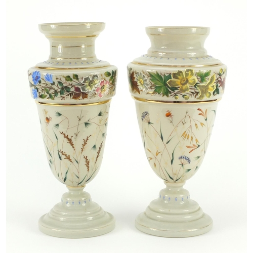 3919 - Matched pair of 19th century Continental opaline glass vases, hand painted with flowers and insects ... 