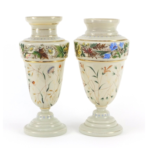 3919 - Matched pair of 19th century Continental opaline glass vases, hand painted with flowers and insects ... 