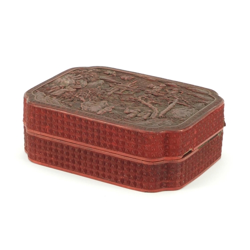 3807 - Chinese cinnabar laquer box and cover carved with figures in a landscape, 6.5cm H x 18.5cm W x 14cm ... 