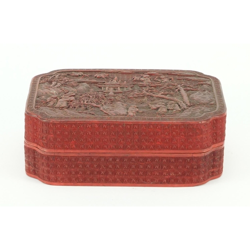 3807 - Chinese cinnabar laquer box and cover carved with figures in a landscape, 6.5cm H x 18.5cm W x 14cm ... 