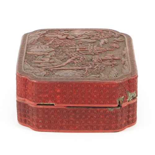 3807 - Chinese cinnabar laquer box and cover carved with figures in a landscape, 6.5cm H x 18.5cm W x 14cm ... 