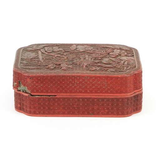 3807 - Chinese cinnabar laquer box and cover carved with figures in a landscape, 6.5cm H x 18.5cm W x 14cm ... 