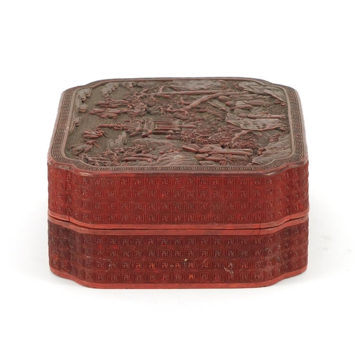 3807 - Chinese cinnabar laquer box and cover carved with figures in a landscape, 6.5cm H x 18.5cm W x 14cm ... 