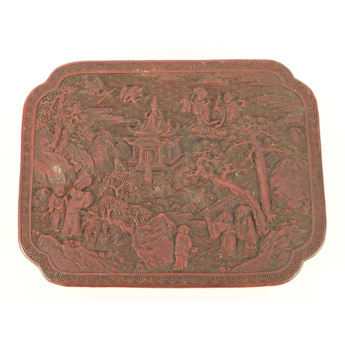 3807 - Chinese cinnabar laquer box and cover carved with figures in a landscape, 6.5cm H x 18.5cm W x 14cm ... 