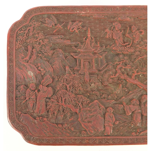 3807 - Chinese cinnabar laquer box and cover carved with figures in a landscape, 6.5cm H x 18.5cm W x 14cm ... 