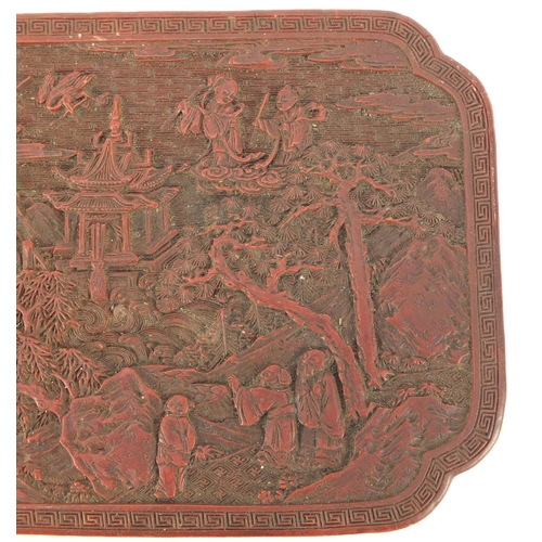 3807 - Chinese cinnabar laquer box and cover carved with figures in a landscape, 6.5cm H x 18.5cm W x 14cm ... 