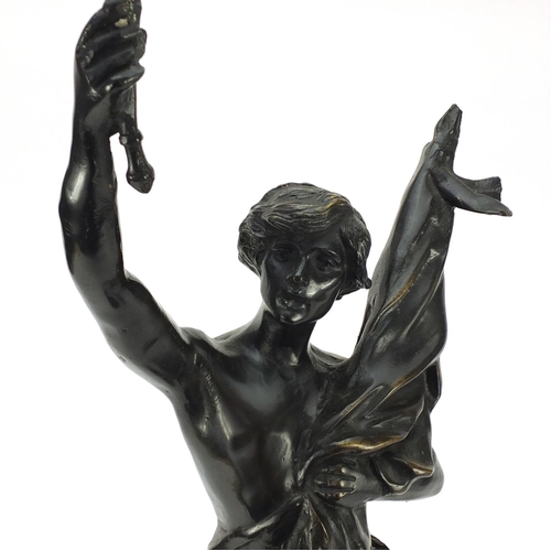 4005 - Large patinated bronze study of a young semi-nude male holding a bag and torch, 63.5cm high