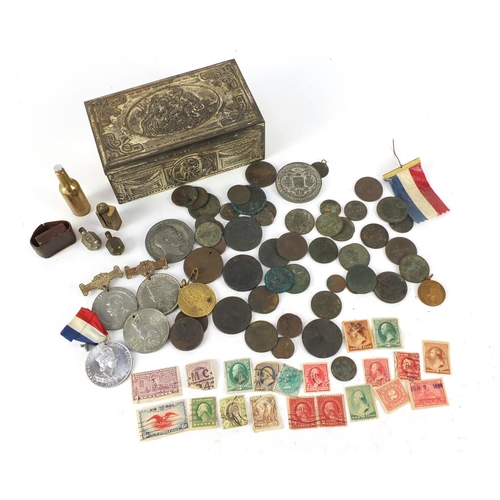 5258 - Objects including antique coinage, commemorative medallions and brass bottle design bottle opener