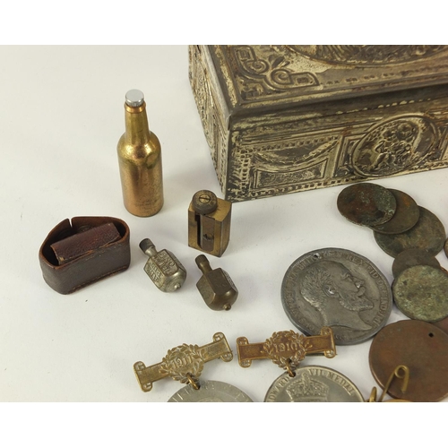 5258 - Objects including antique coinage, commemorative medallions and brass bottle design bottle opener