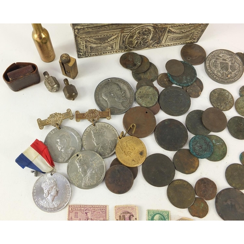 5258 - Objects including antique coinage, commemorative medallions and brass bottle design bottle opener