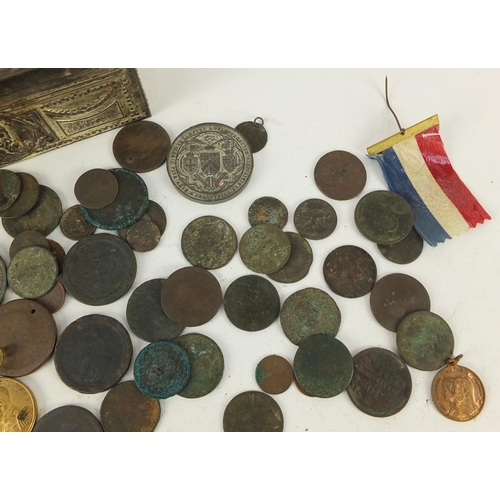 5258 - Objects including antique coinage, commemorative medallions and brass bottle design bottle opener