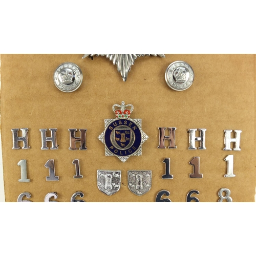 3905 - Sussex Police badges, helmet plate, pips and cloth a patch