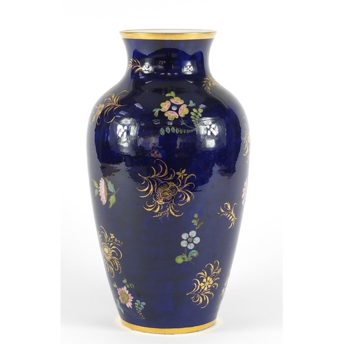 3909 - 19th century Spode porcelain ovoid vase, hand painted and gilded with floral sprays onto a blue grou... 